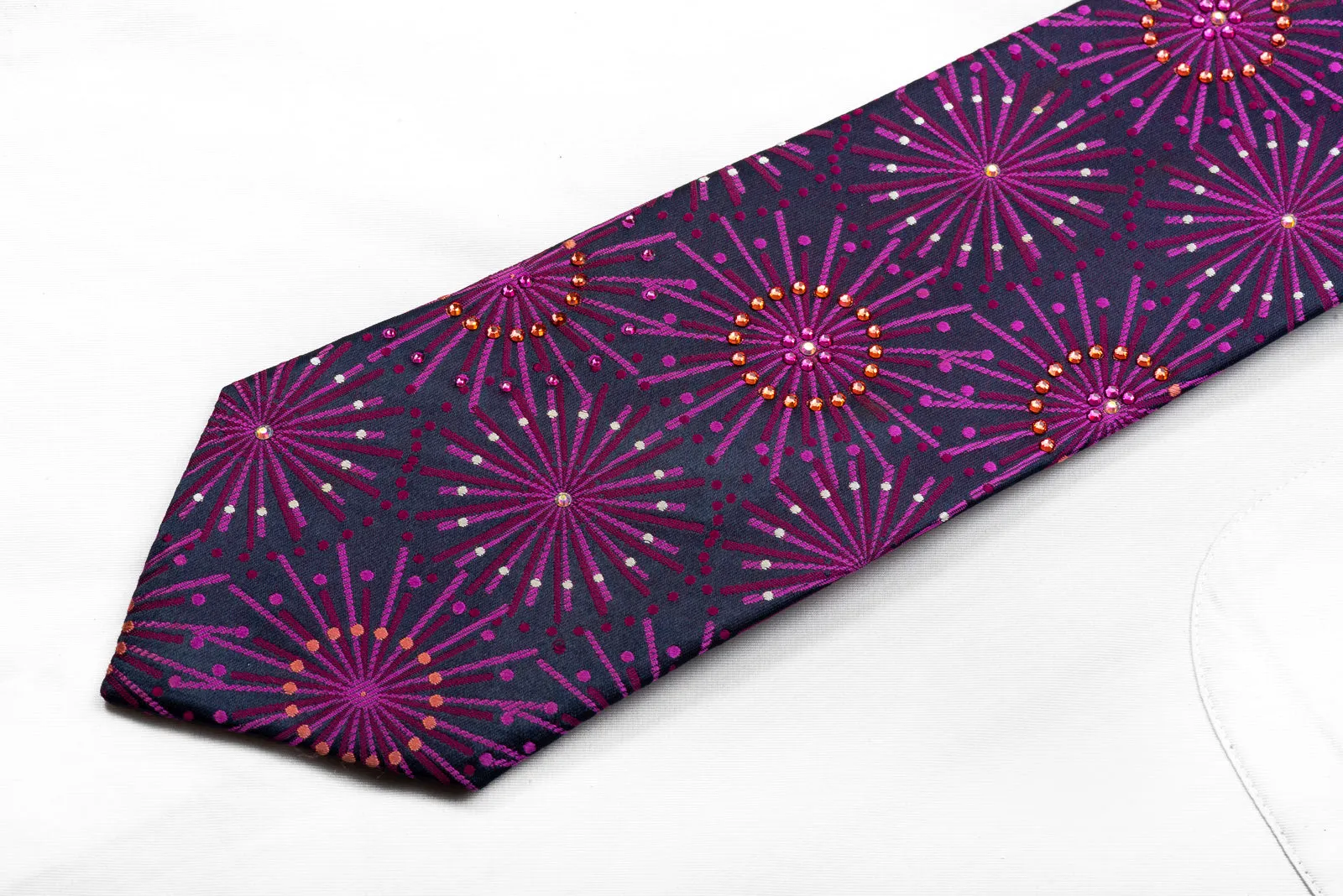 Men's Rhinestone Necktie Geometric Starbursts On Navy Silk