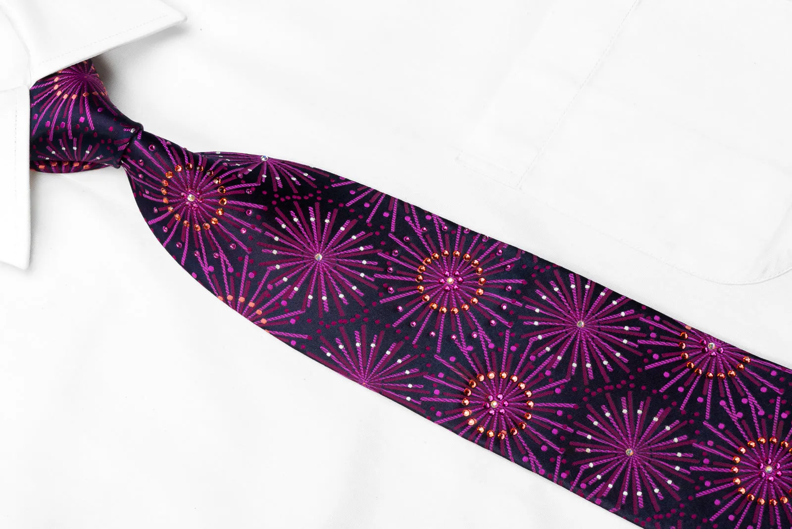 Men's Rhinestone Necktie Geometric Starbursts On Navy Silk