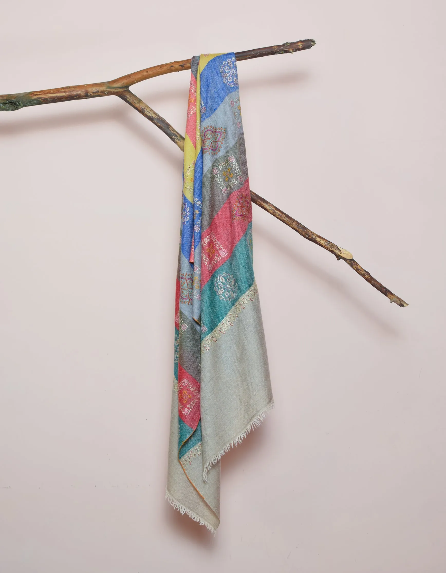 Modern Handwoven Stripes Embroidered Multicolour Cashmere Pashmina Stole