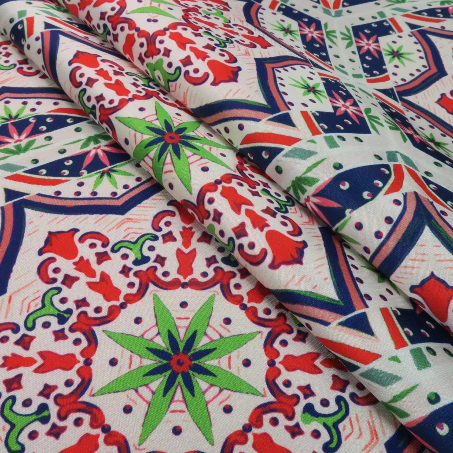 Multicolored Mosaic on White Printed Polyester Mikado Fabric