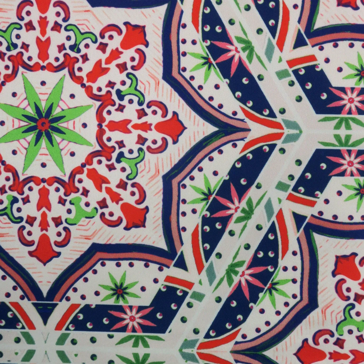 Multicolored Mosaic on White Printed Polyester Mikado Fabric