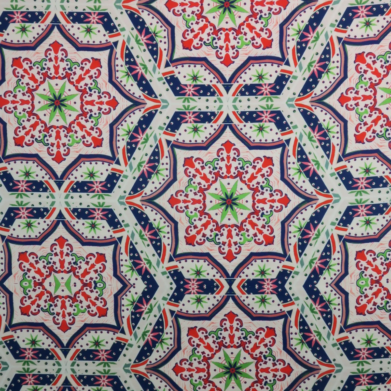 Multicolored Mosaic on White Printed Polyester Mikado Fabric