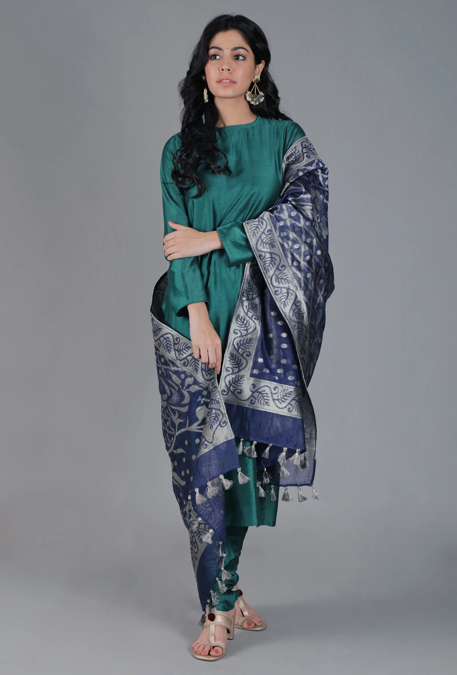 Navy Blue Chanderi Brocade Dupatta
