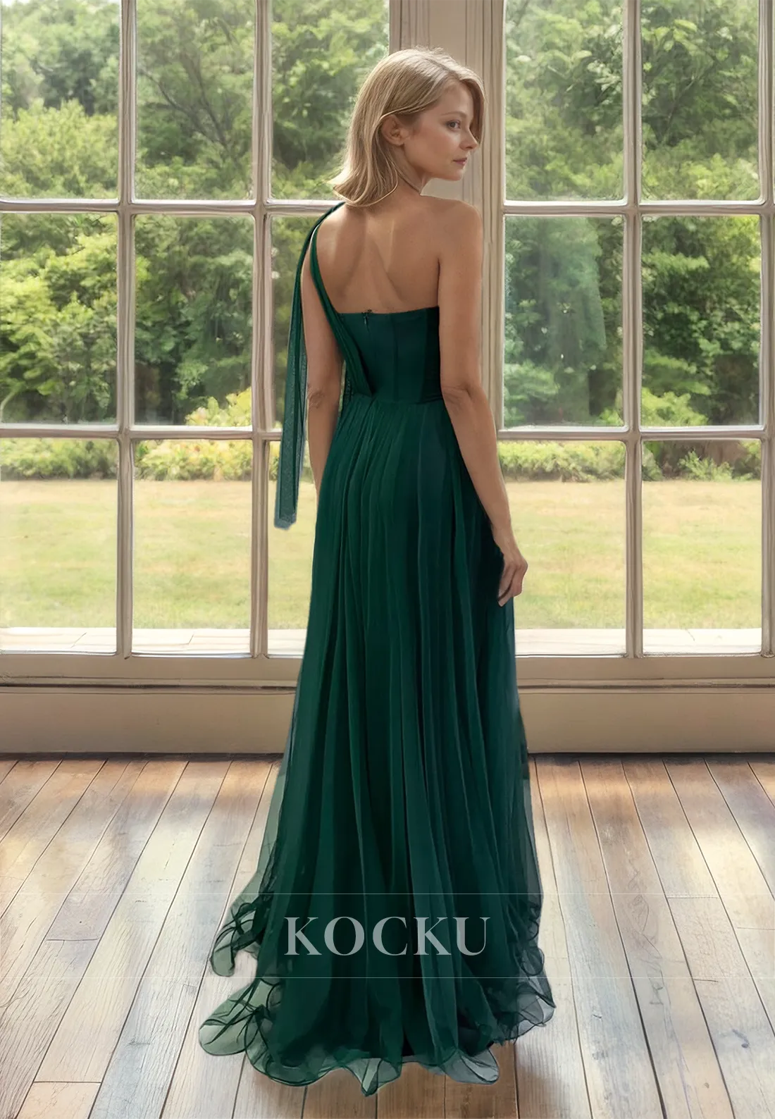 One Shoulder Sleeveless A-Line Floor-Length Pleats Lace Mother of Groom with Slit Cocktail Dress