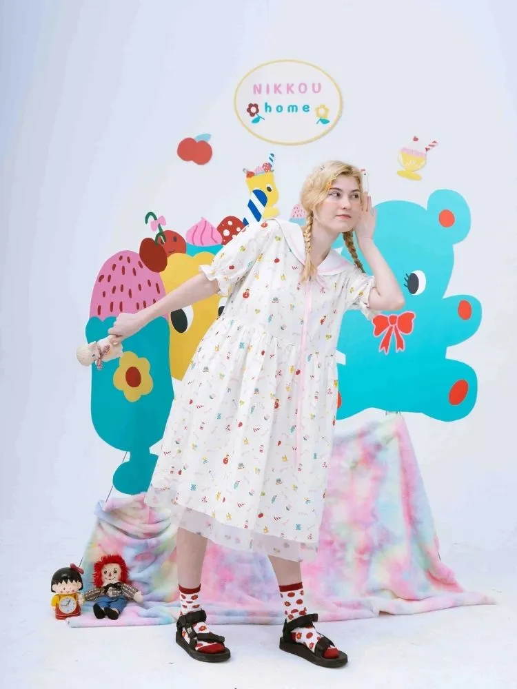 Original printed puff sleeve dress【s0000002893】