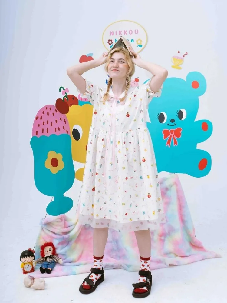 Original printed puff sleeve dress【s0000002893】