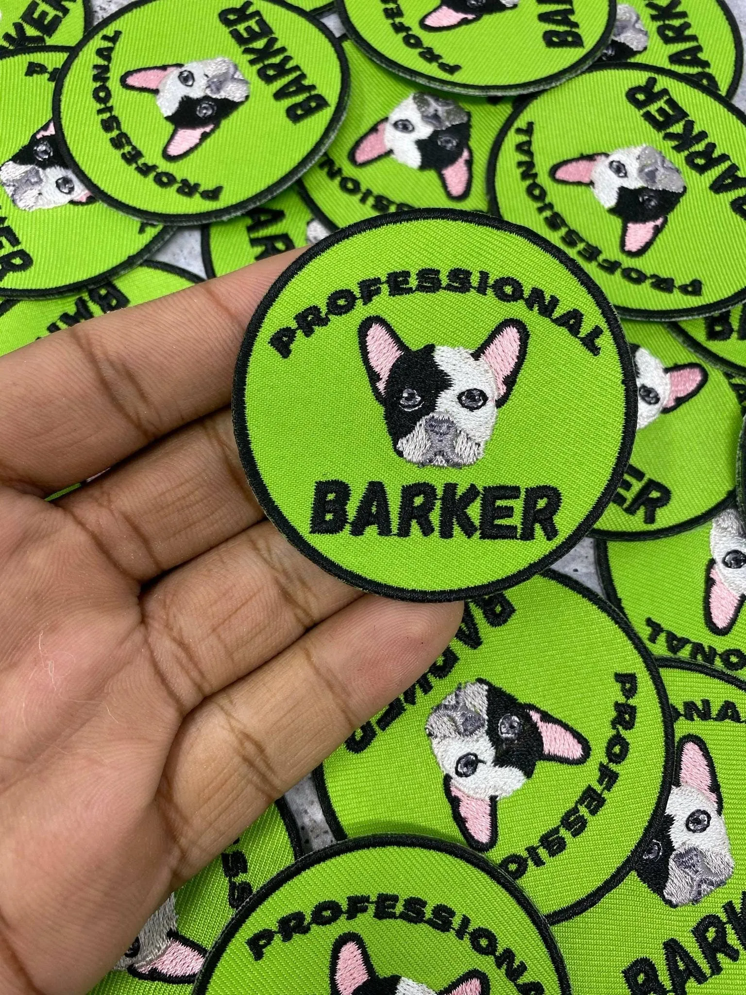 Patched Up Pup: "Professional Barker" Iron-on Embroidered Patch for Dogs, Patch for Dog Lovers, Gift for Your Dog, Sz. 2.5", Doggie Clothes