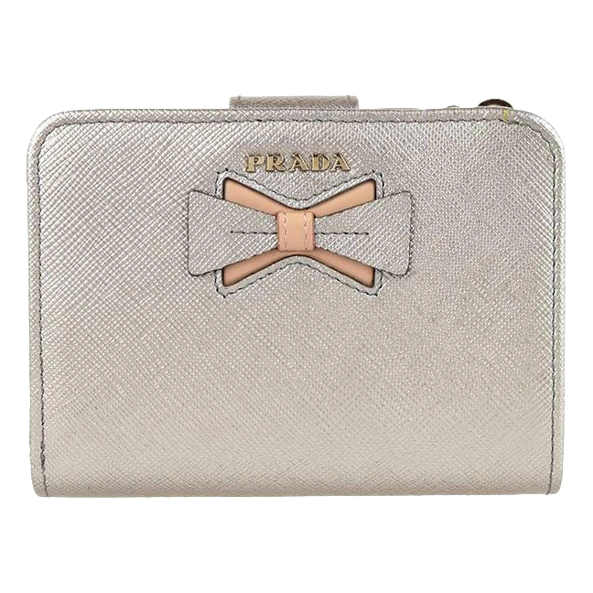 Prada Ribbon Saffiano Metallic Silver and Beige Leather Bifold Wallet