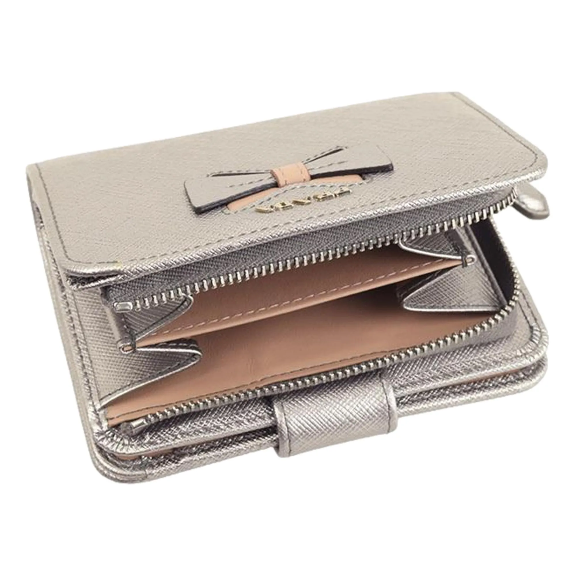 Prada Ribbon Saffiano Metallic Silver and Beige Leather Bifold Wallet