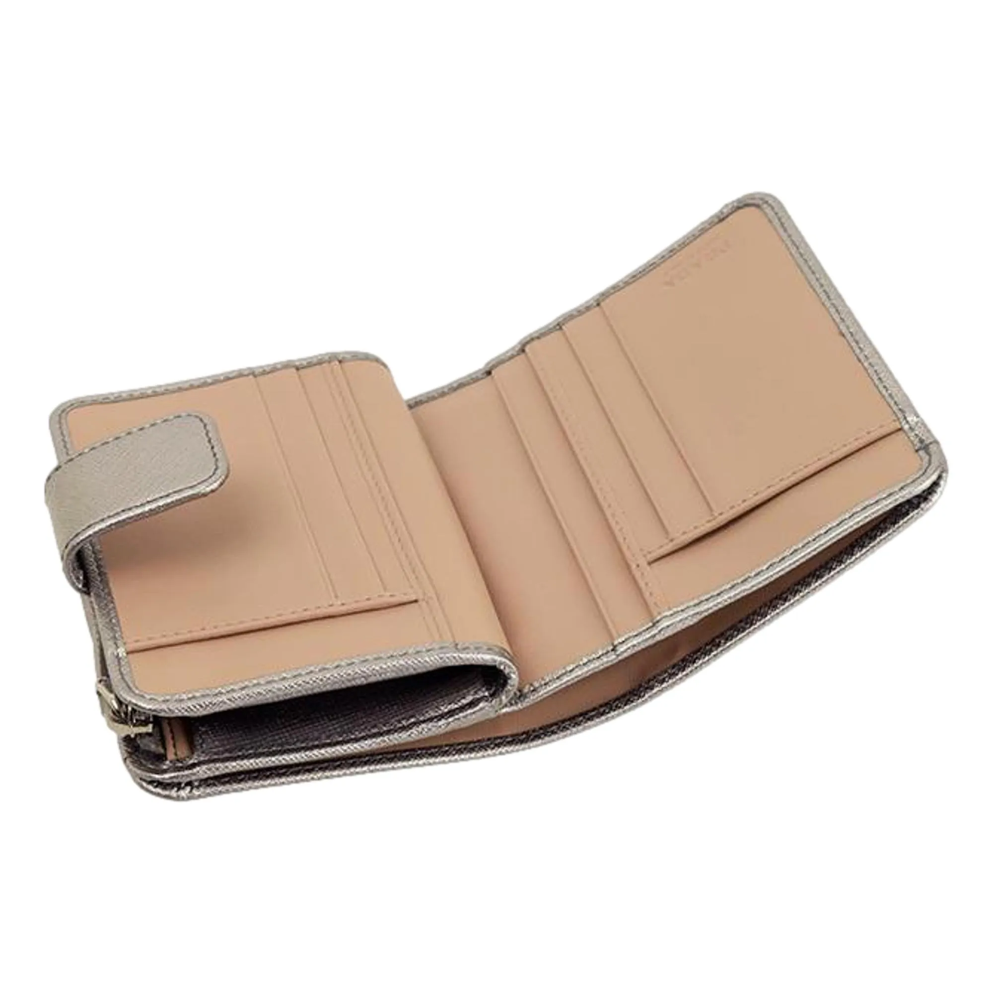 Prada Ribbon Saffiano Metallic Silver and Beige Leather Bifold Wallet