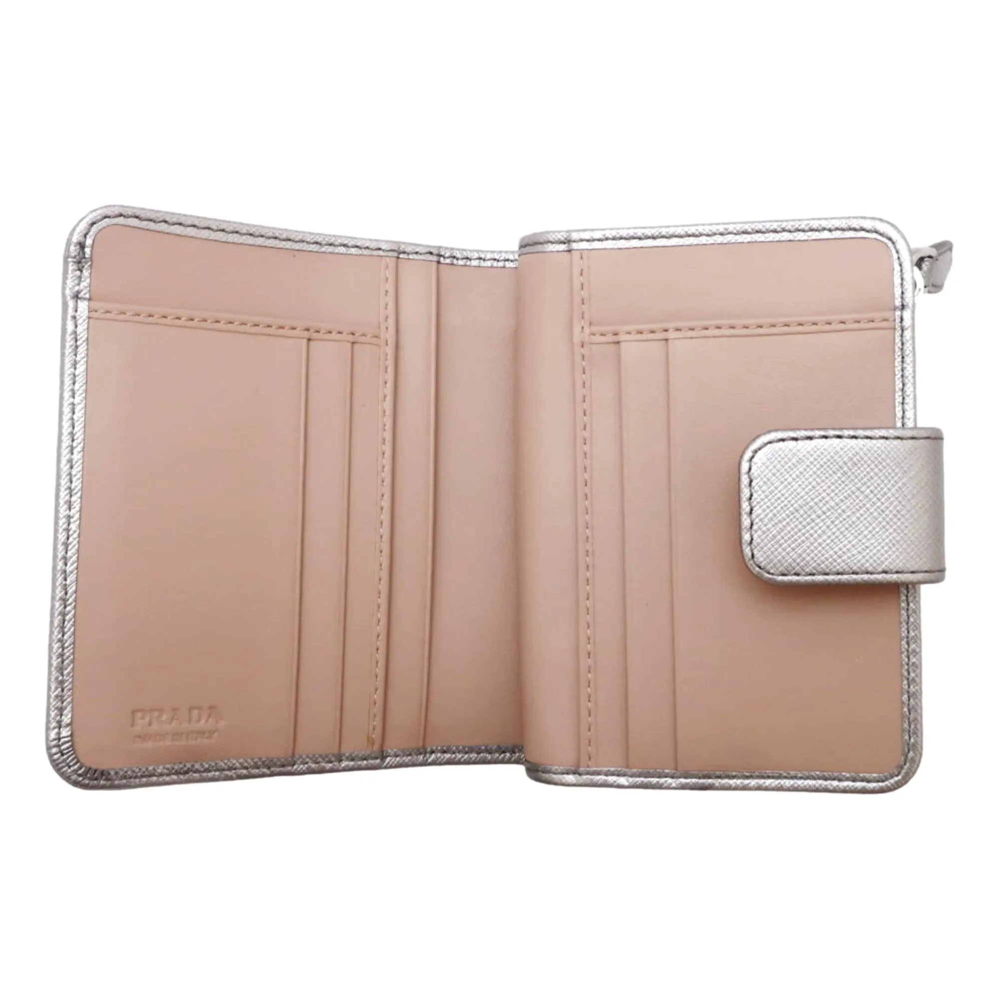 Prada Ribbon Saffiano Metallic Silver and Beige Leather Bifold Wallet