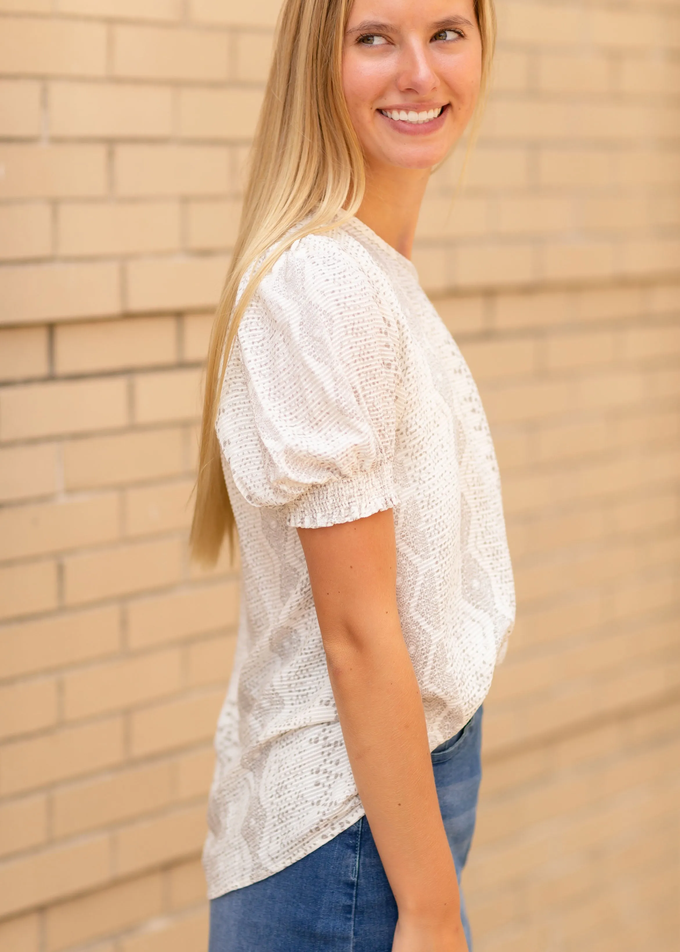 Puff Sleeve Jacquard Print Top - FINAL SALE