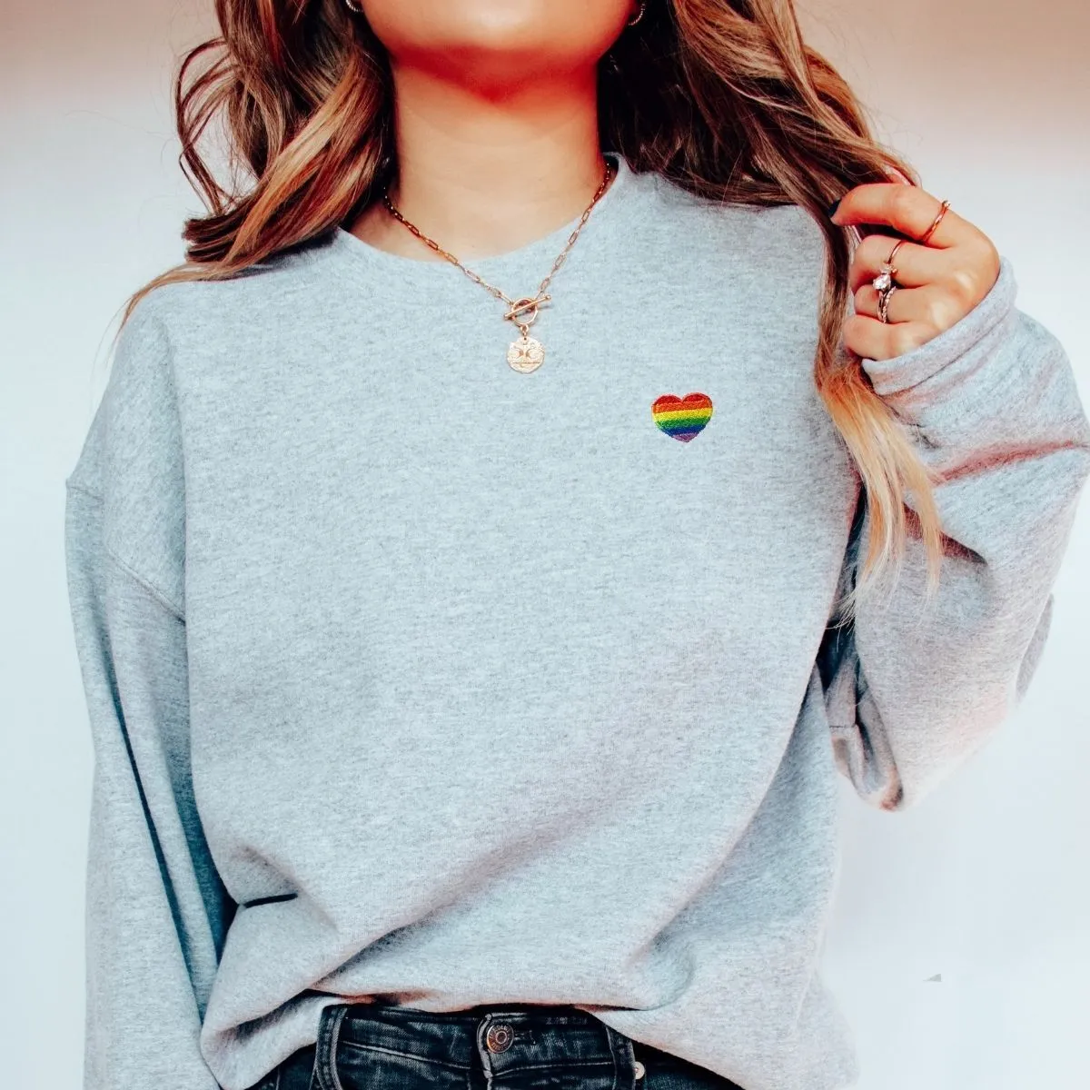 Rainbow Heart Embroidery Detail LGBTQ  Pride Sweatshirt