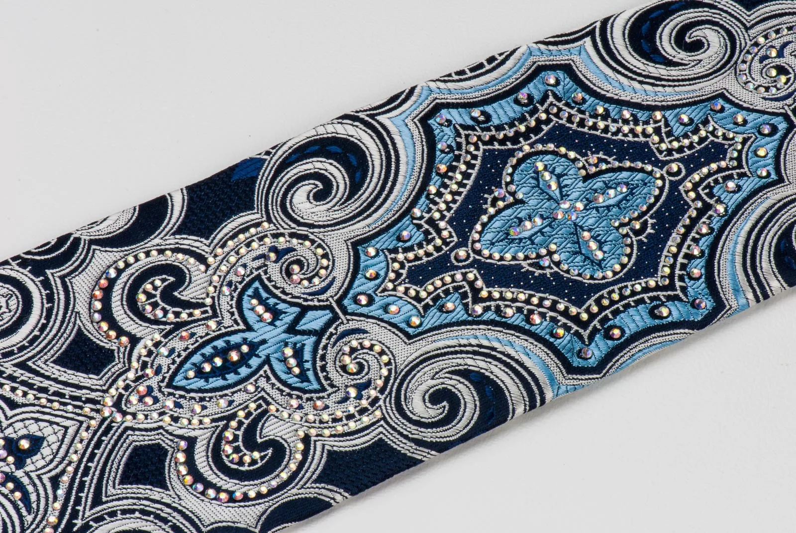 Roberta di Camerino Rhinestone Tie Silver Damask On Navy Blue Silk 3 1/4 Inch