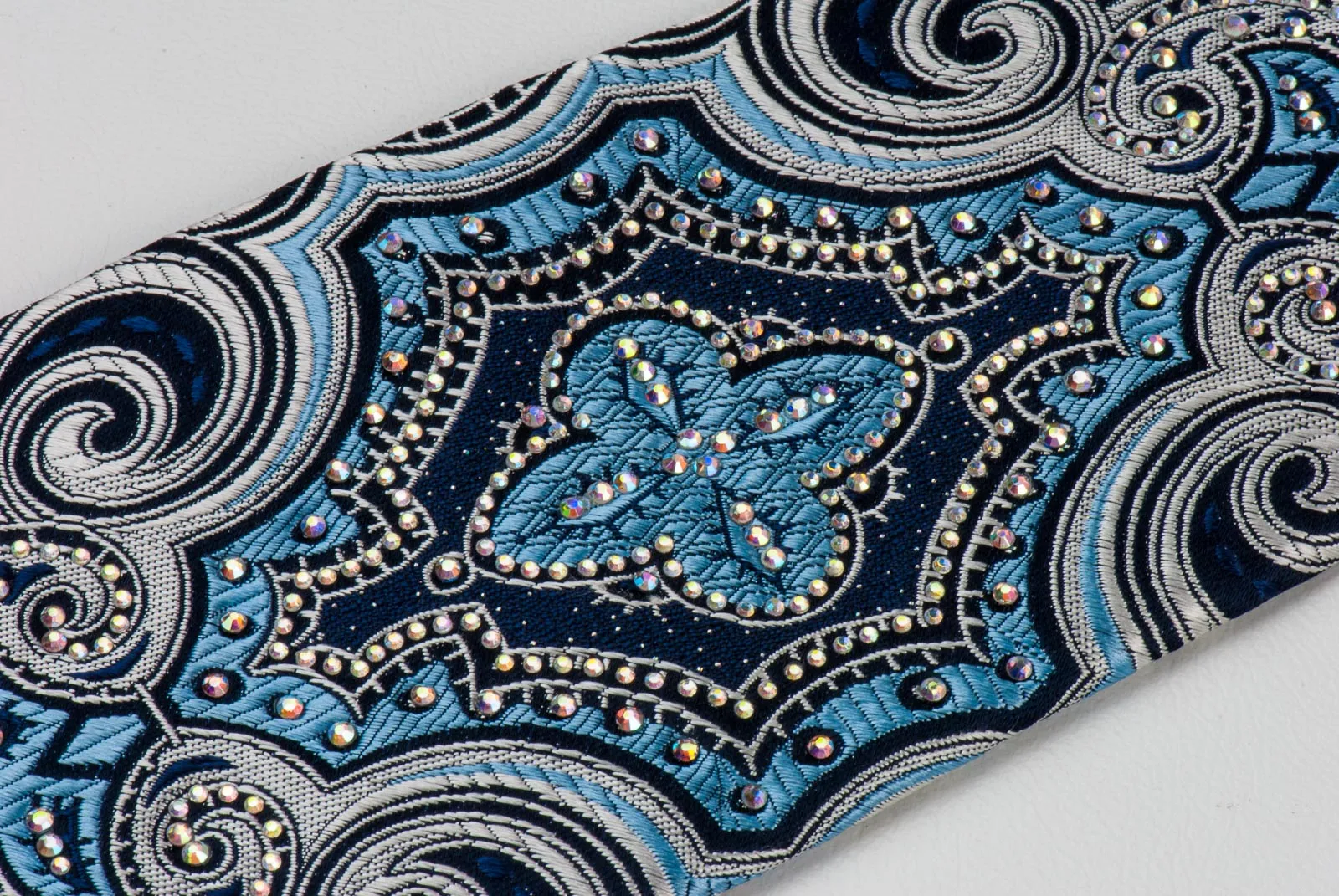 Roberta di Camerino Rhinestone Tie Silver Damask On Navy Blue Silk 3 1/4 Inch