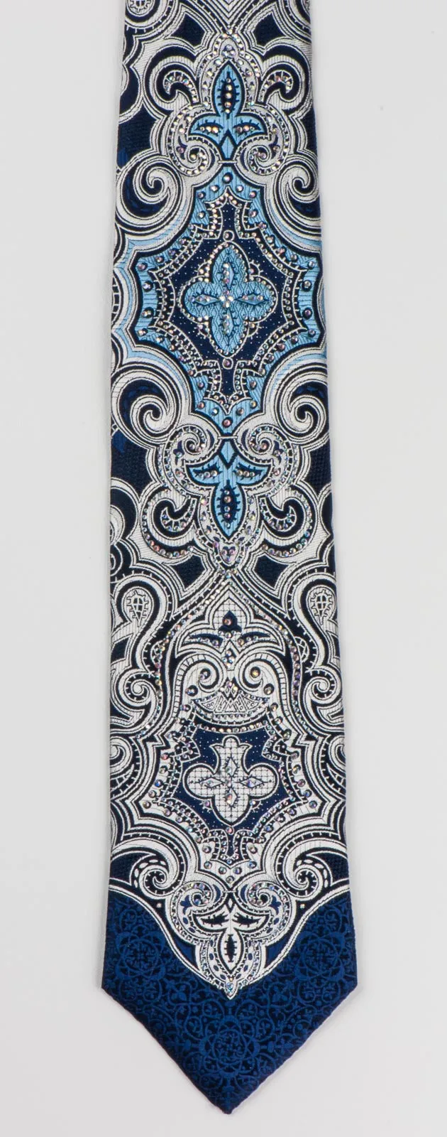 Roberta di Camerino Rhinestone Tie Silver Damask On Navy Blue Silk 3 1/4 Inch