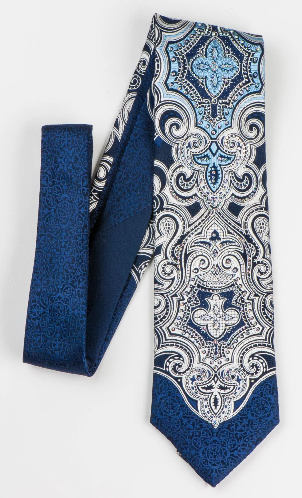 Roberta di Camerino Rhinestone Tie Silver Damask On Navy Blue Silk 3 1/4 Inch