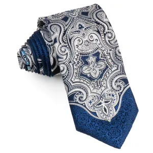 Roberta di Camerino Rhinestone Tie Silver Damask On Navy Blue Silk 3 1/4 Inch