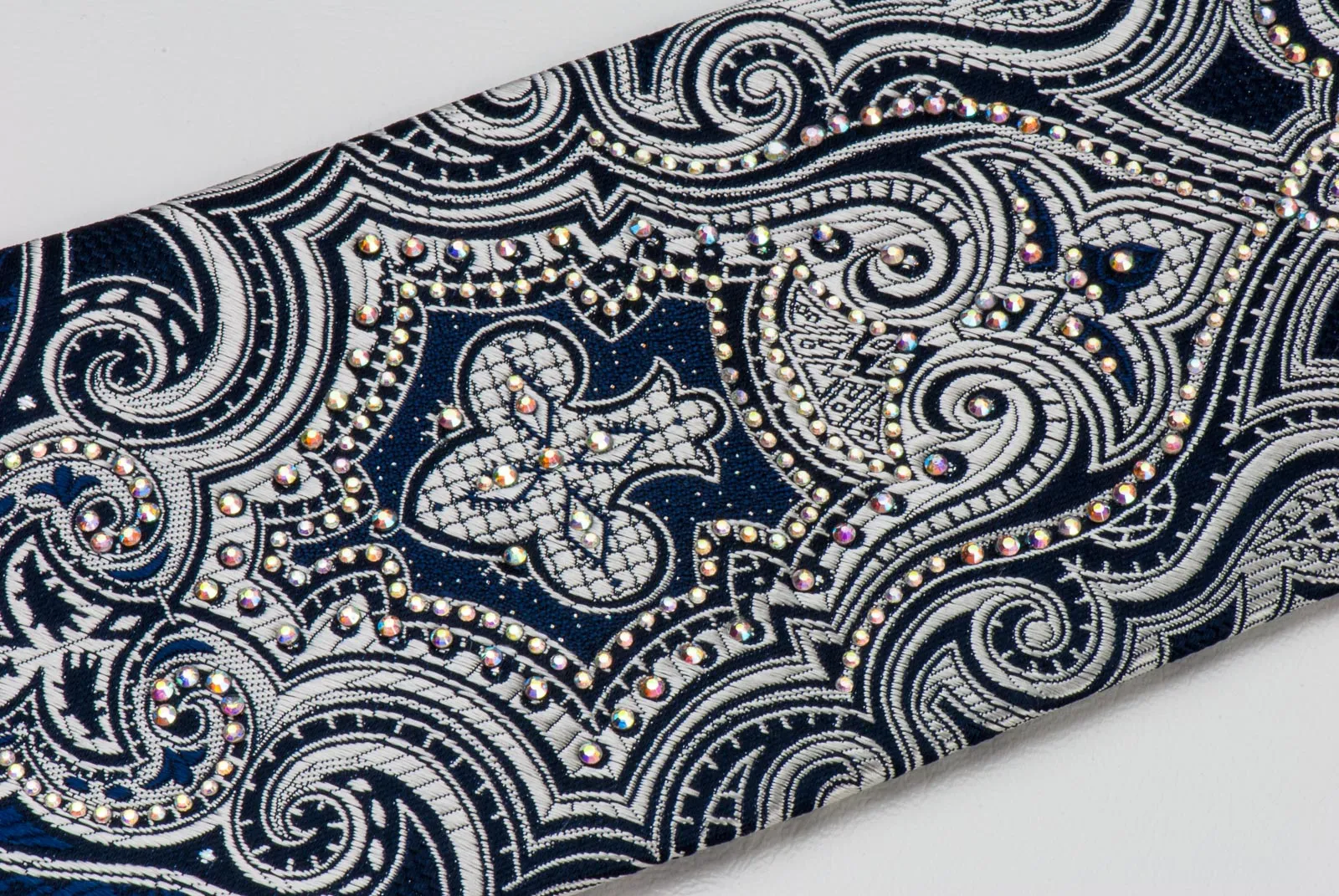 Roberta di Camerino Rhinestone Tie Silver Damask On Navy Blue Silk 3 1/4 Inch