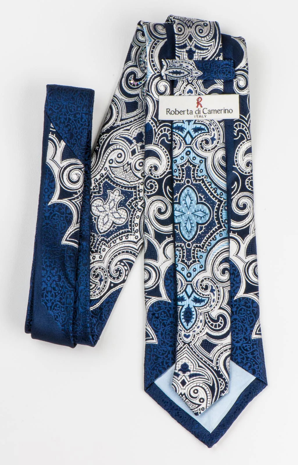 Roberta di Camerino Rhinestone Tie Silver Damask On Navy Blue Silk 3 1/4 Inch