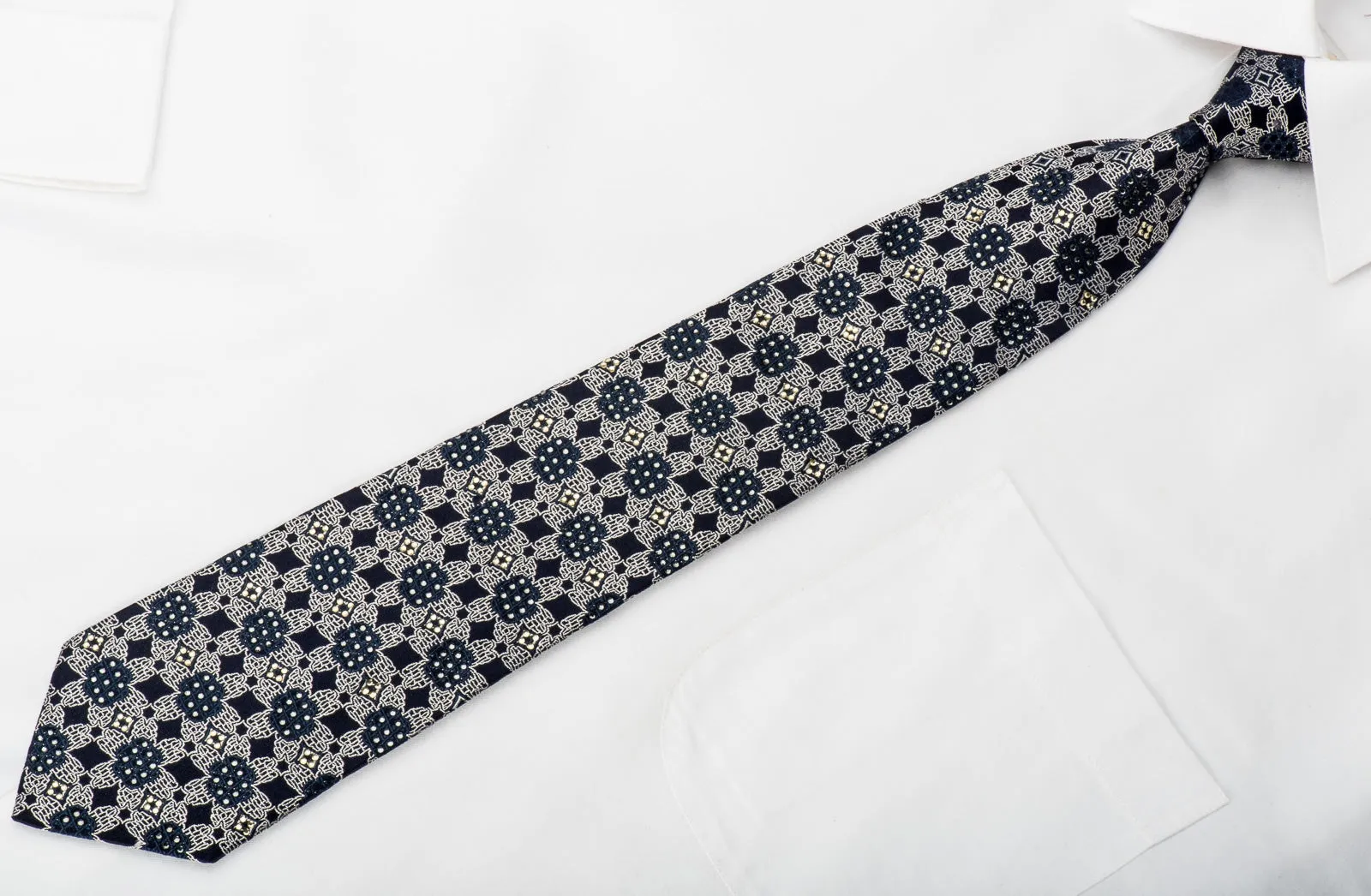 Rogers Dail Mens Rhinestone Necktie Silver Floral On Navy Silk