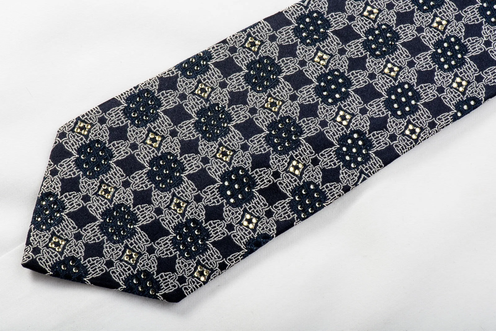 Rogers Dail Mens Rhinestone Necktie Silver Floral On Navy Silk