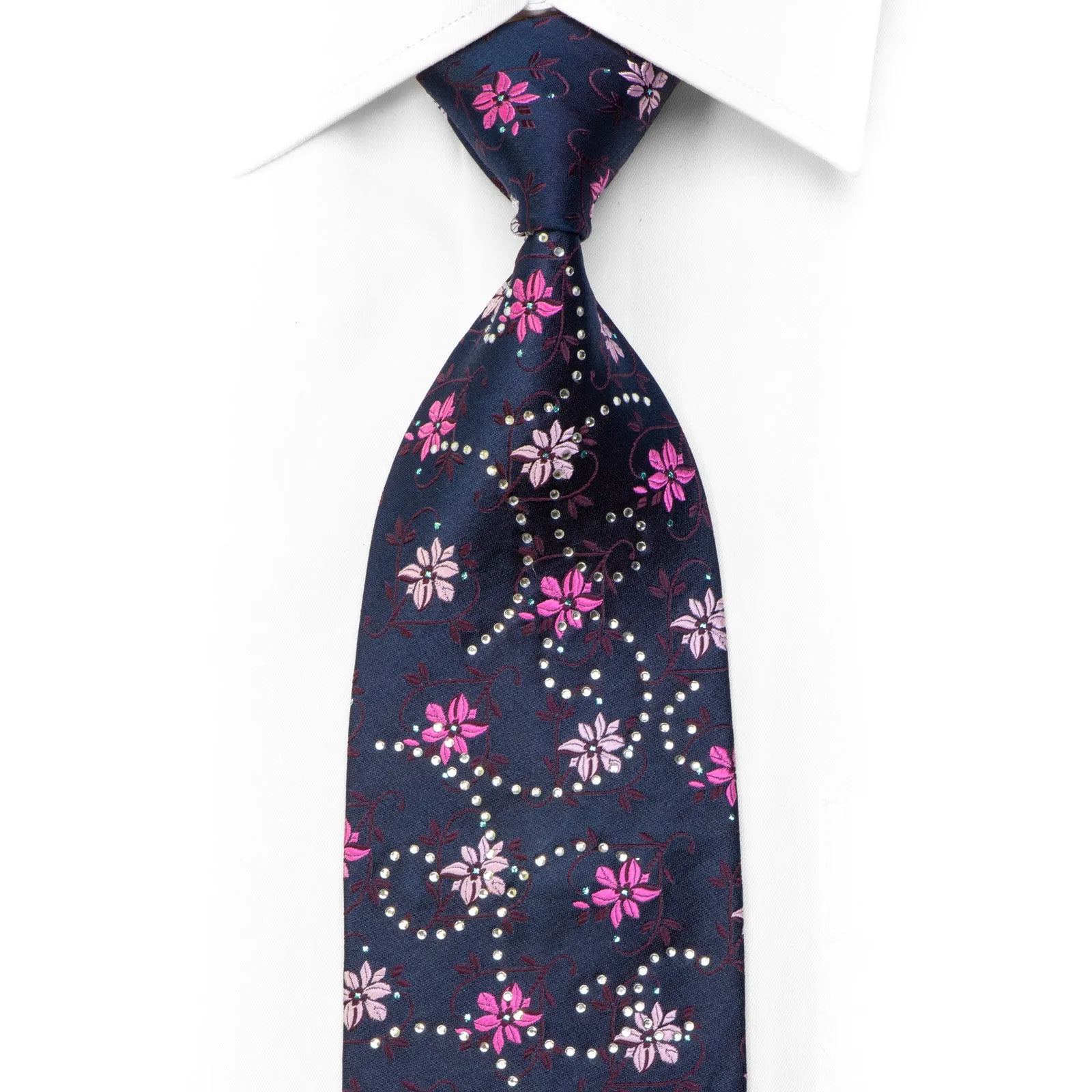 Rubinstein Rhinestone Silk Necktie Floral On Blue With Sparkles