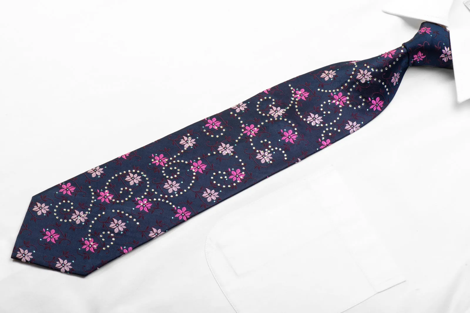 Rubinstein Rhinestone Silk Necktie Floral On Blue With Sparkles