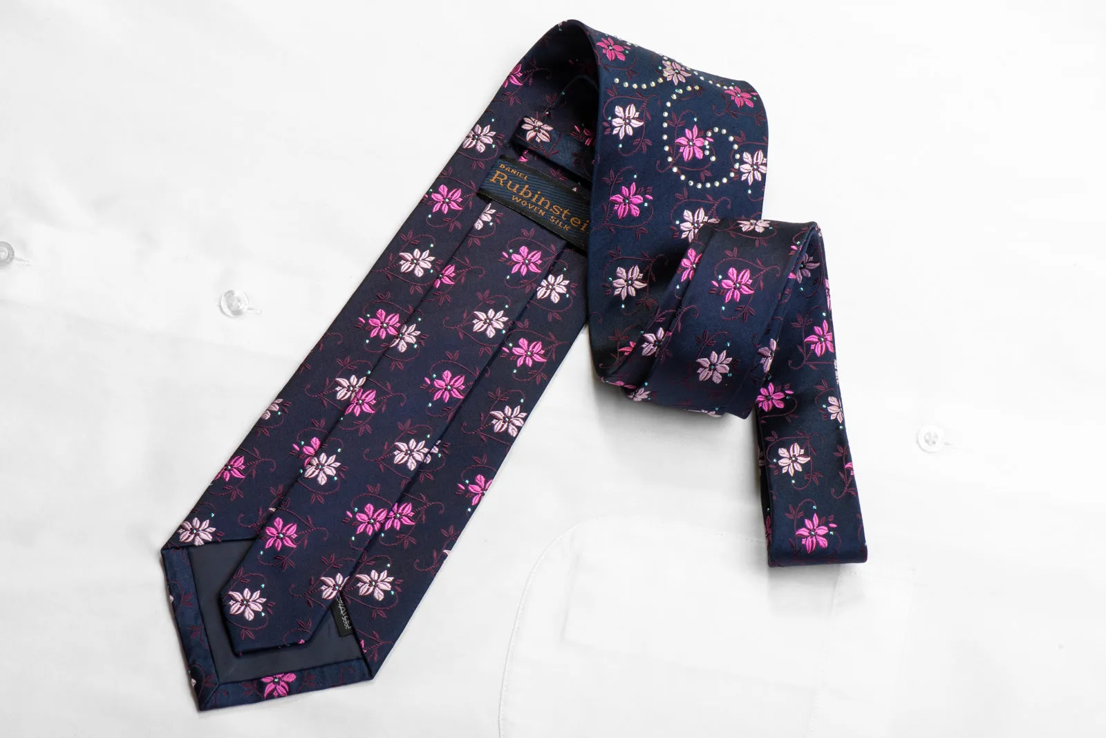 Rubinstein Rhinestone Silk Necktie Floral On Blue With Sparkles