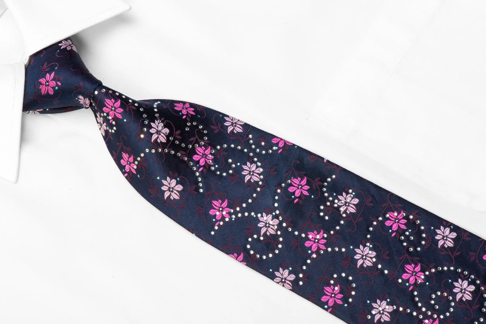 Rubinstein Rhinestone Silk Necktie Floral On Blue With Sparkles
