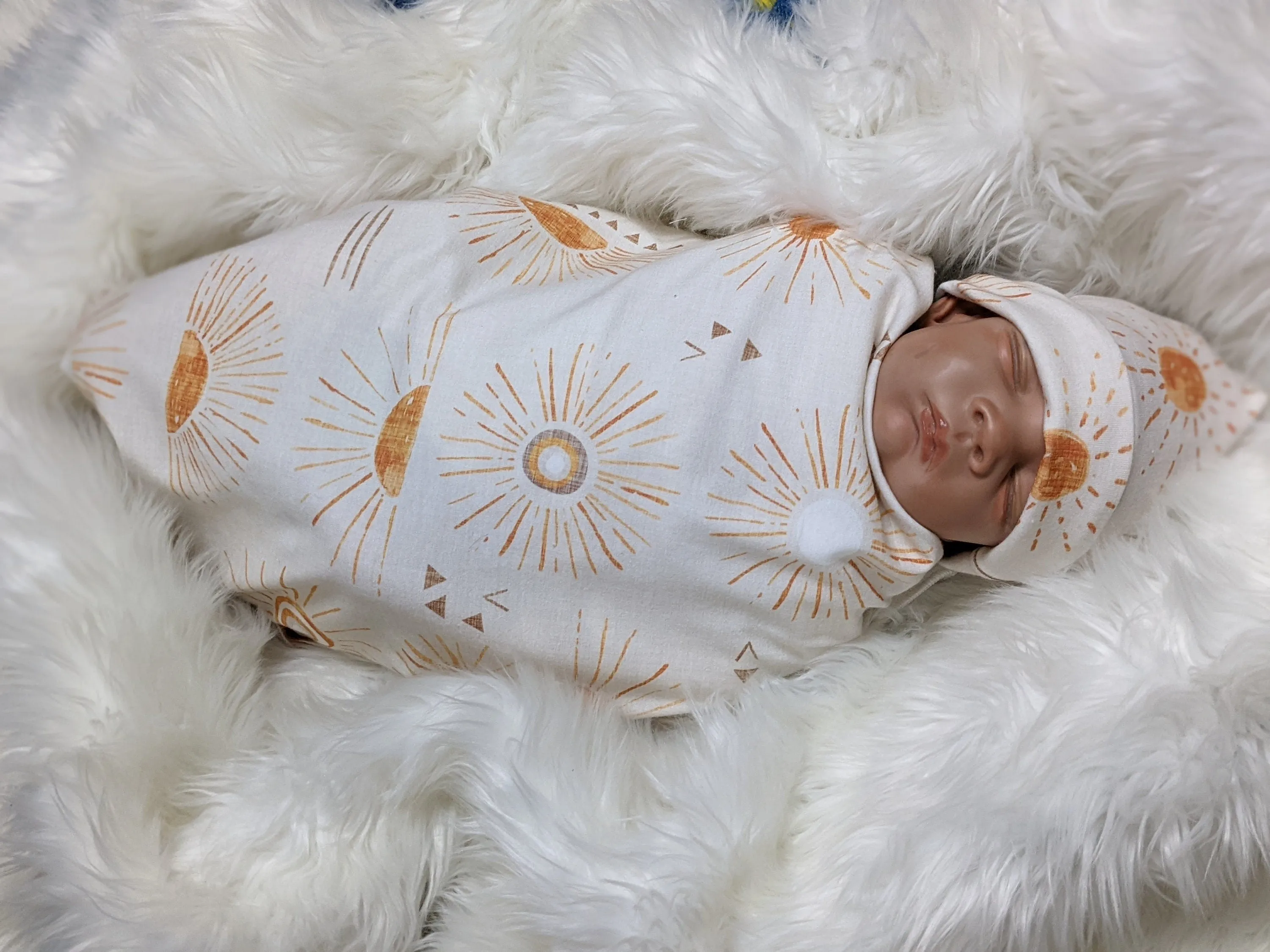 Scandi Sun Baby Blanket and Headband in Tangerine and Cream - Nursery and Stroller Accessory Set for a Whimsical Touch