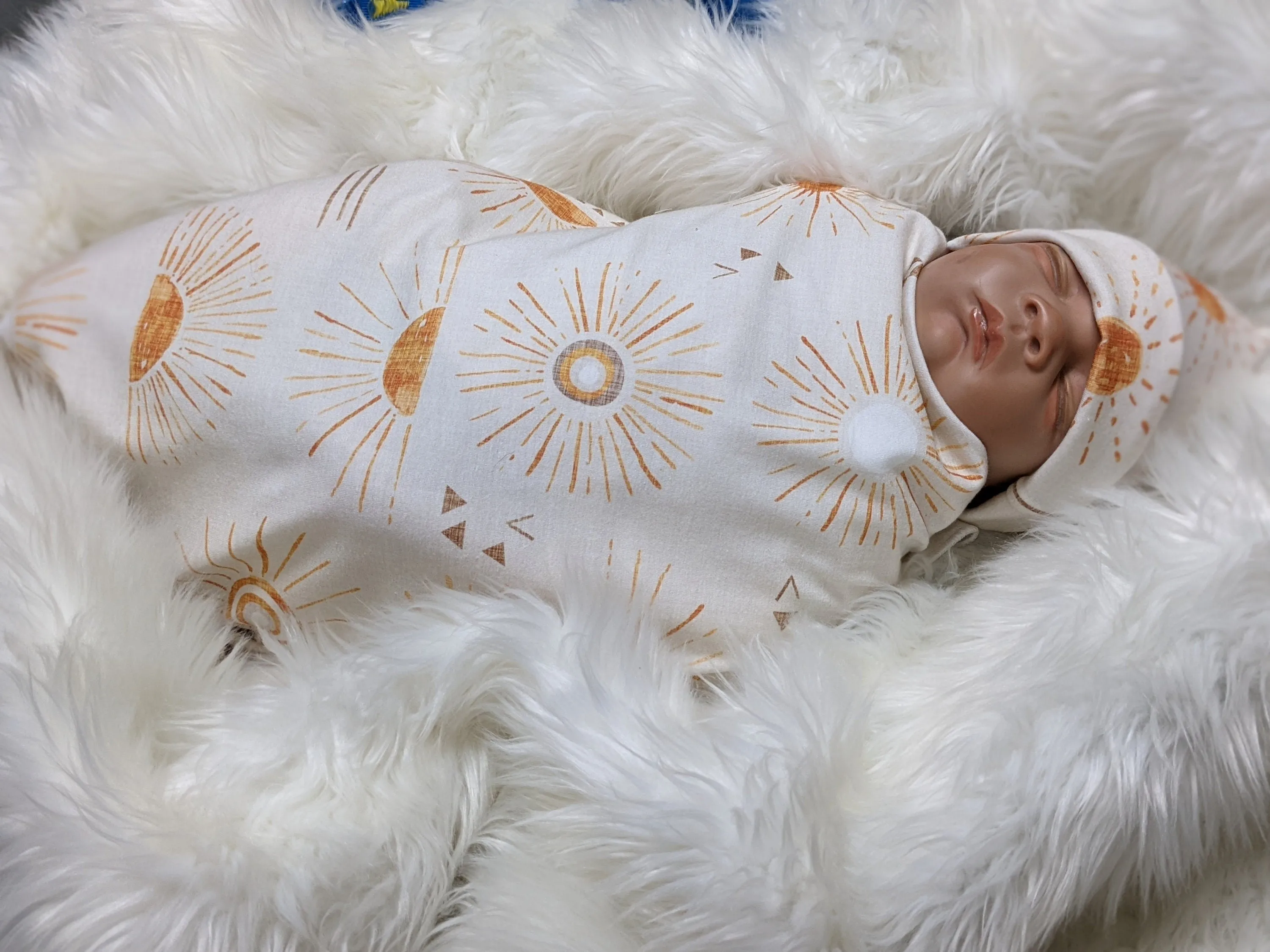 Scandi Sun Baby Blanket and Headband in Tangerine and Cream - Nursery and Stroller Accessory Set for a Whimsical Touch