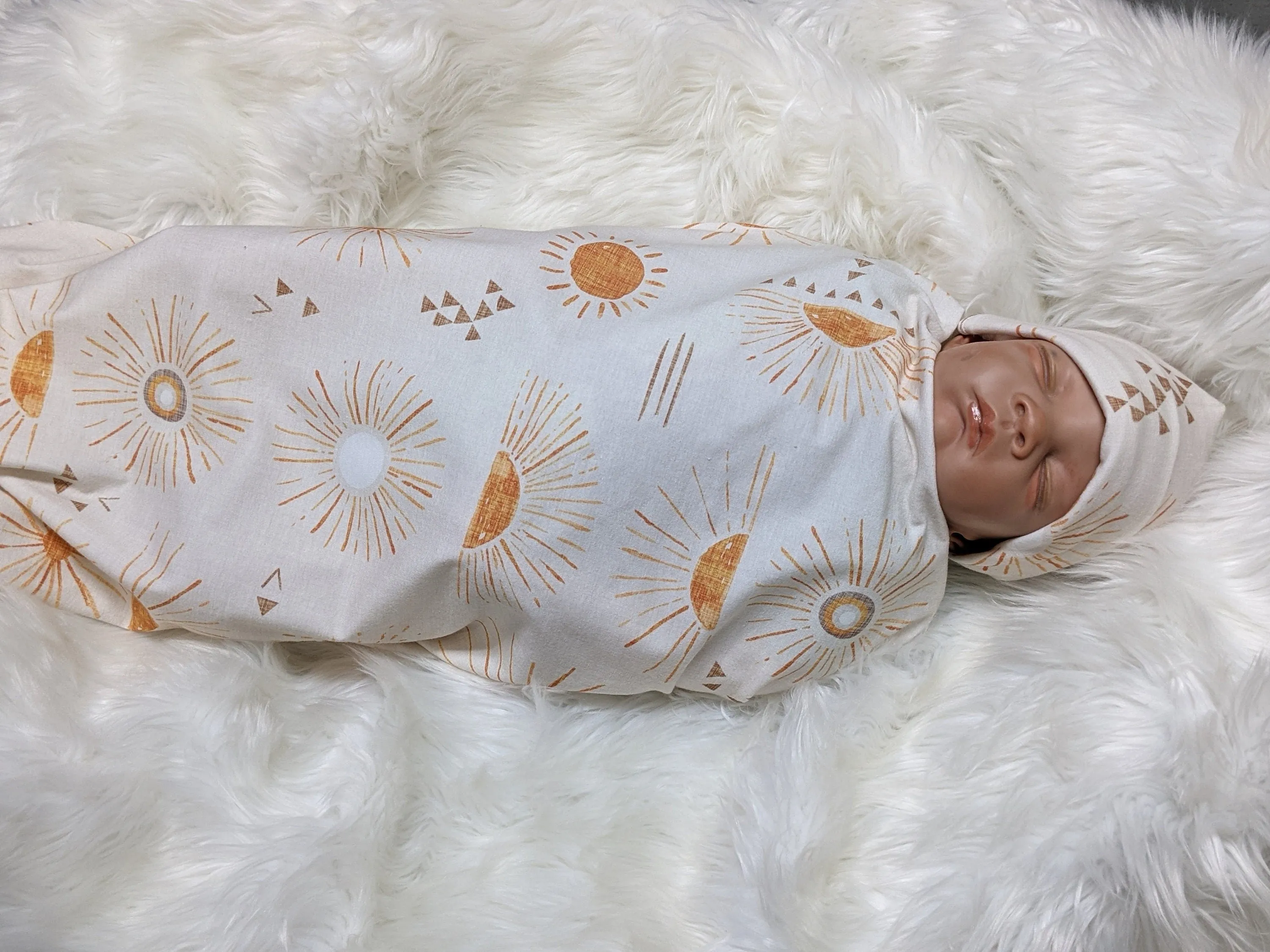 Scandi Sun Baby Blanket and Headband in Tangerine and Cream - Nursery and Stroller Accessory Set for a Whimsical Touch