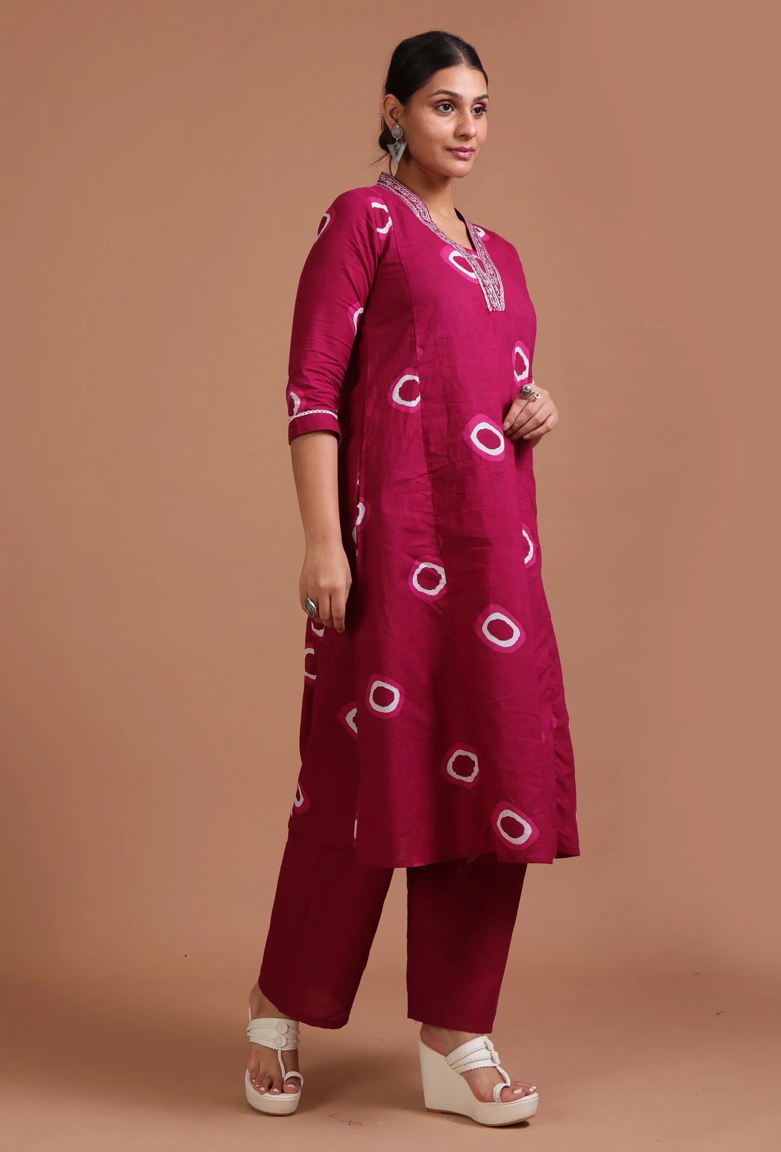 Set Of 2: Maroon Cotton Solid Plain Kurta & Pant Set