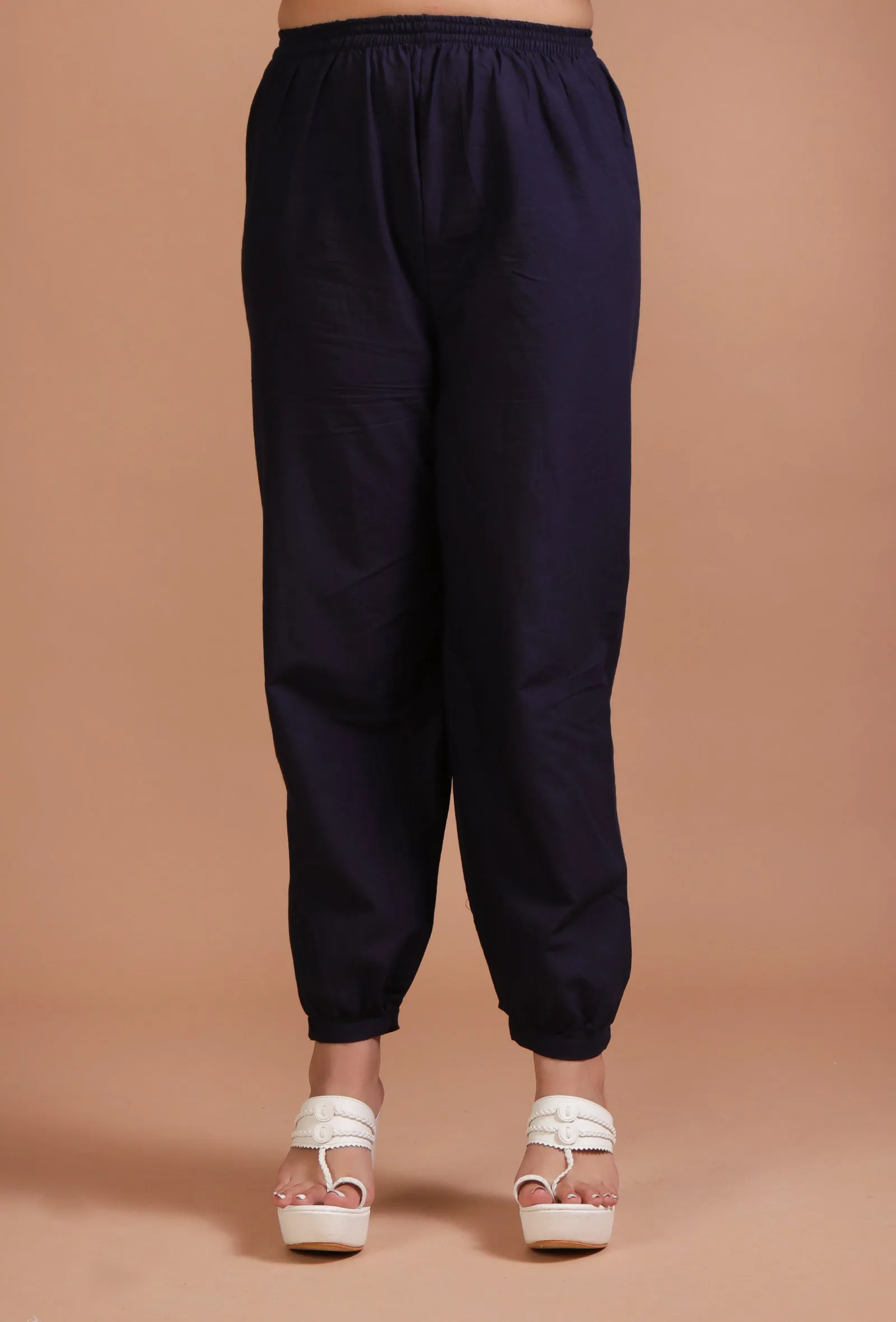 Set Of 2: Navy Blue Cotton Solid Plain Dress & Pant Set