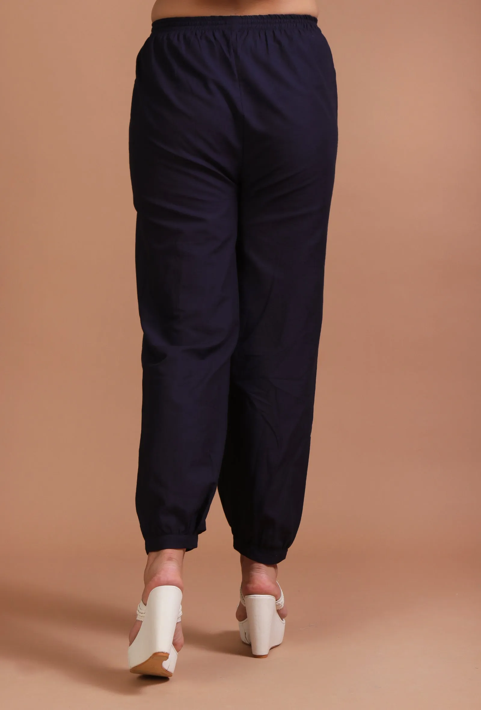Set Of 2: Navy Blue Cotton Solid Plain Dress & Pant Set