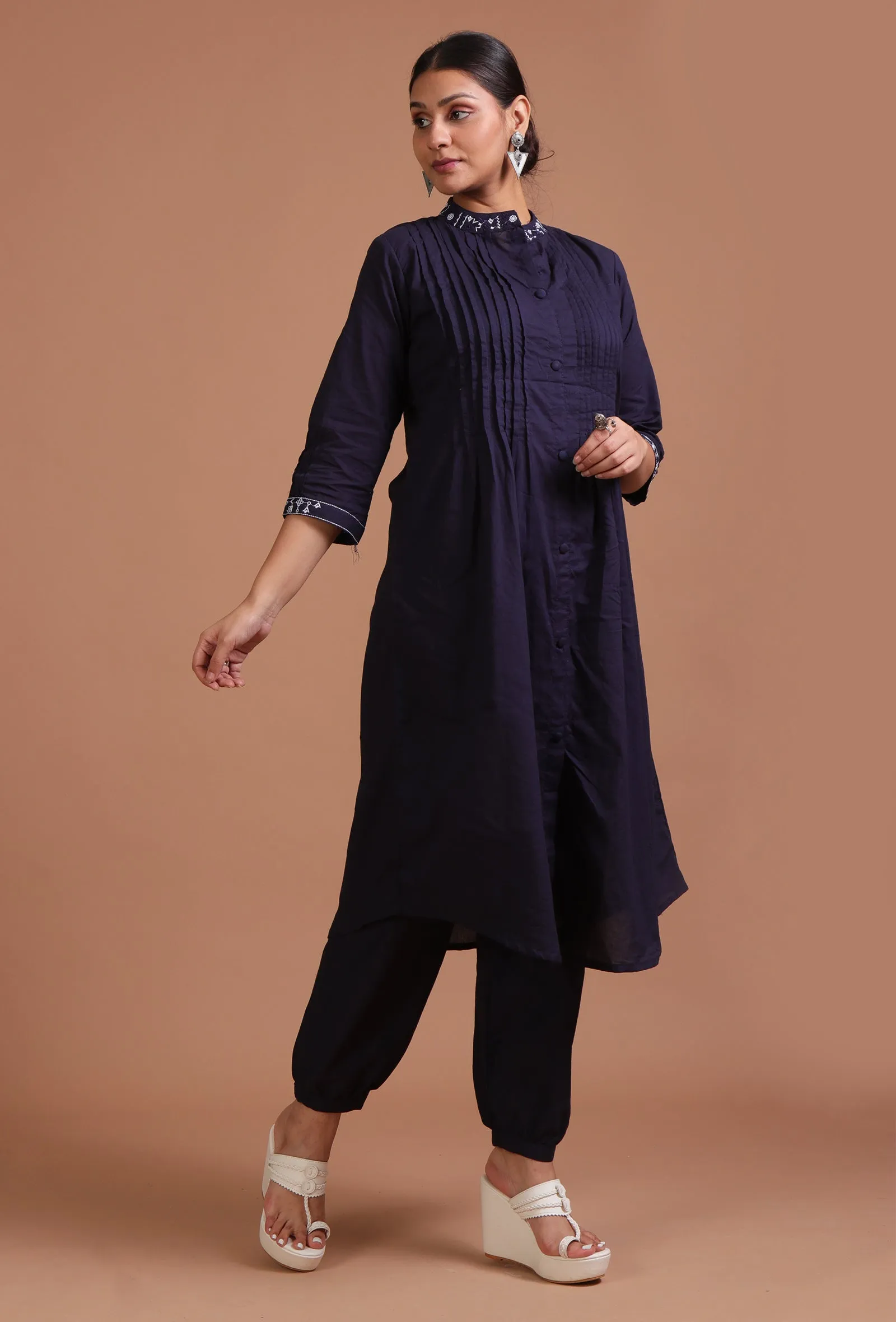 Set Of 2: Navy Blue Cotton Solid Plain Dress & Pant Set