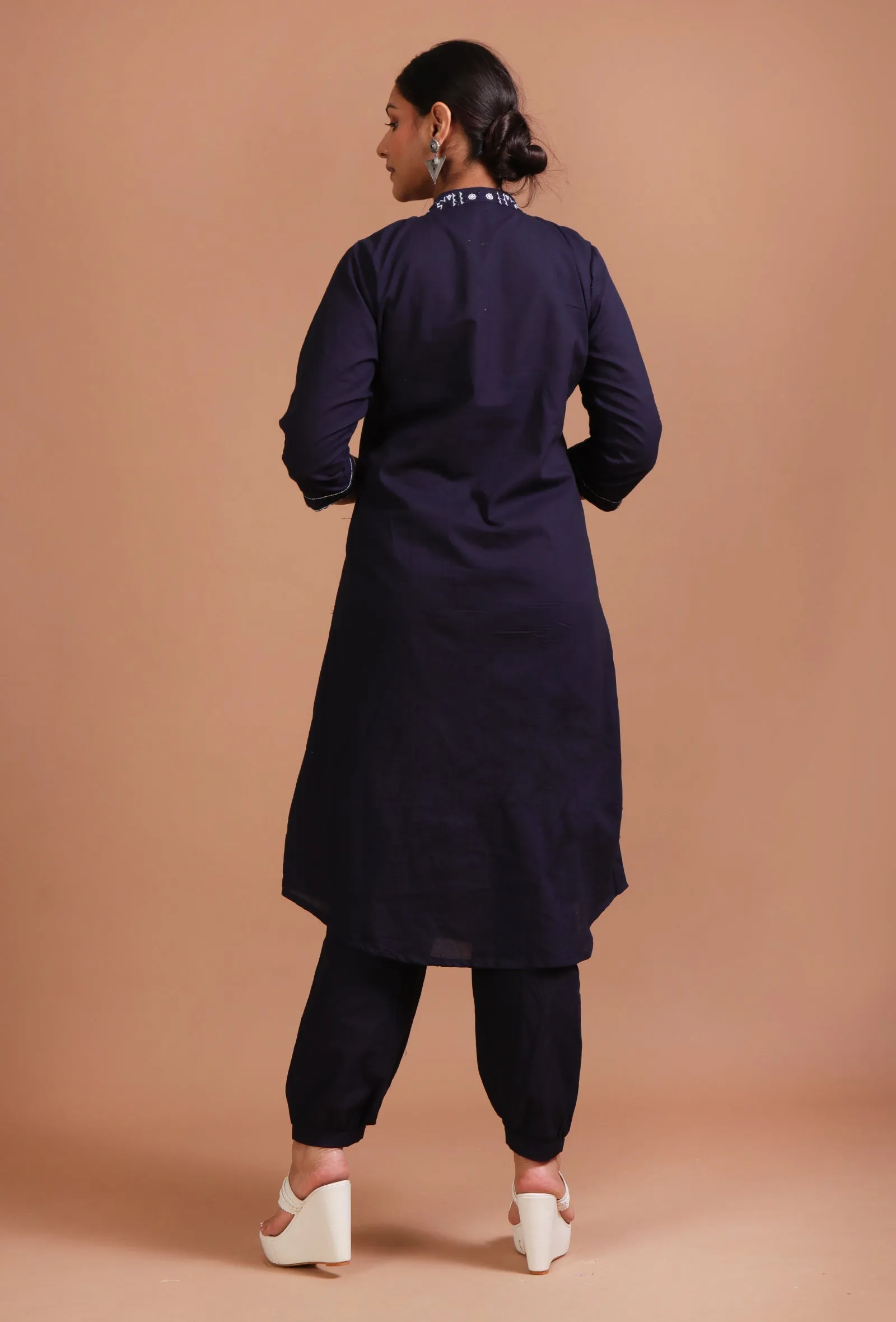 Set Of 2: Navy Blue Cotton Solid Plain Dress & Pant Set