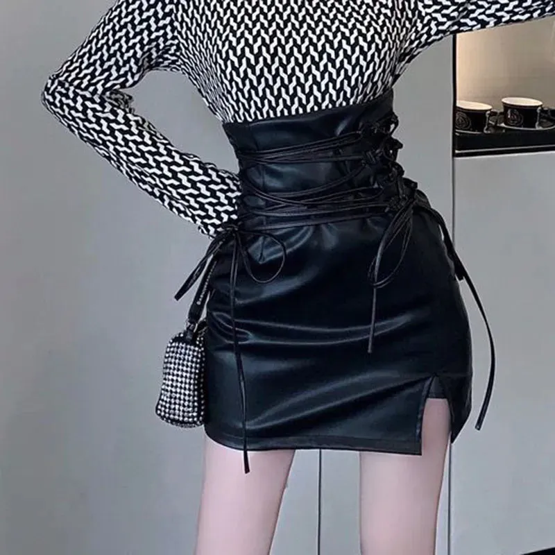 Trendy Black Leather Mini High Waist Skirt