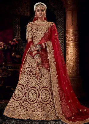 Wedding Maroon Velvet Embroidered Bridal Lehenga Choli