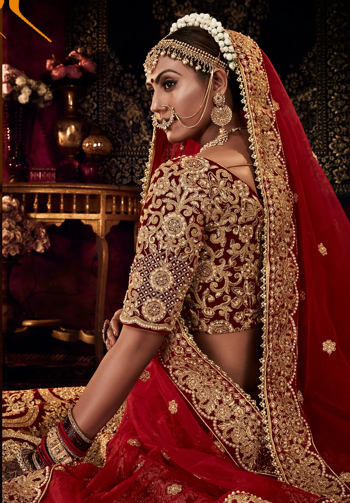 Wedding Maroon Velvet Embroidered Bridal Lehenga Choli
