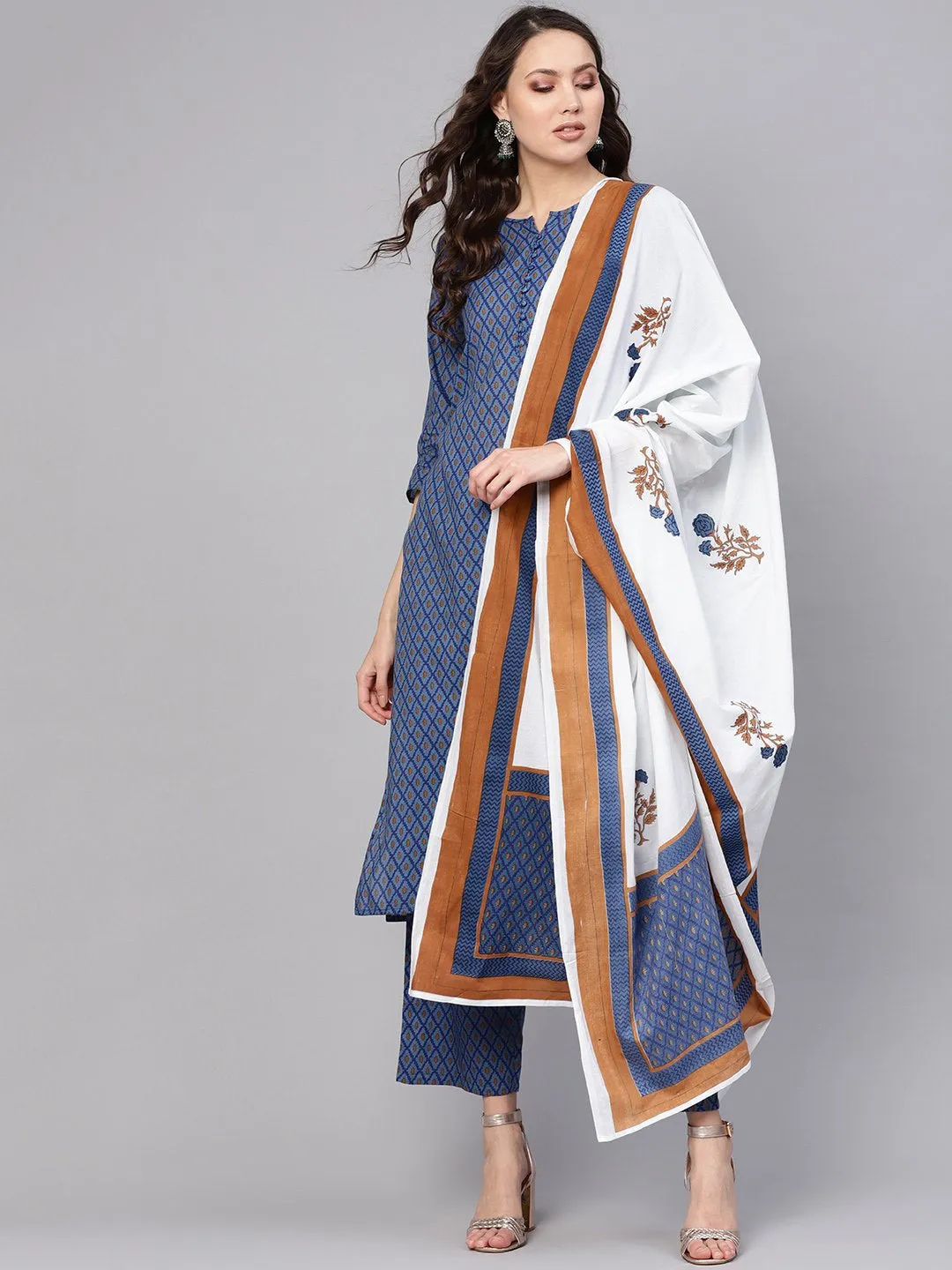 Women Blue & White Printed Kurta With Trousers & Dupatta