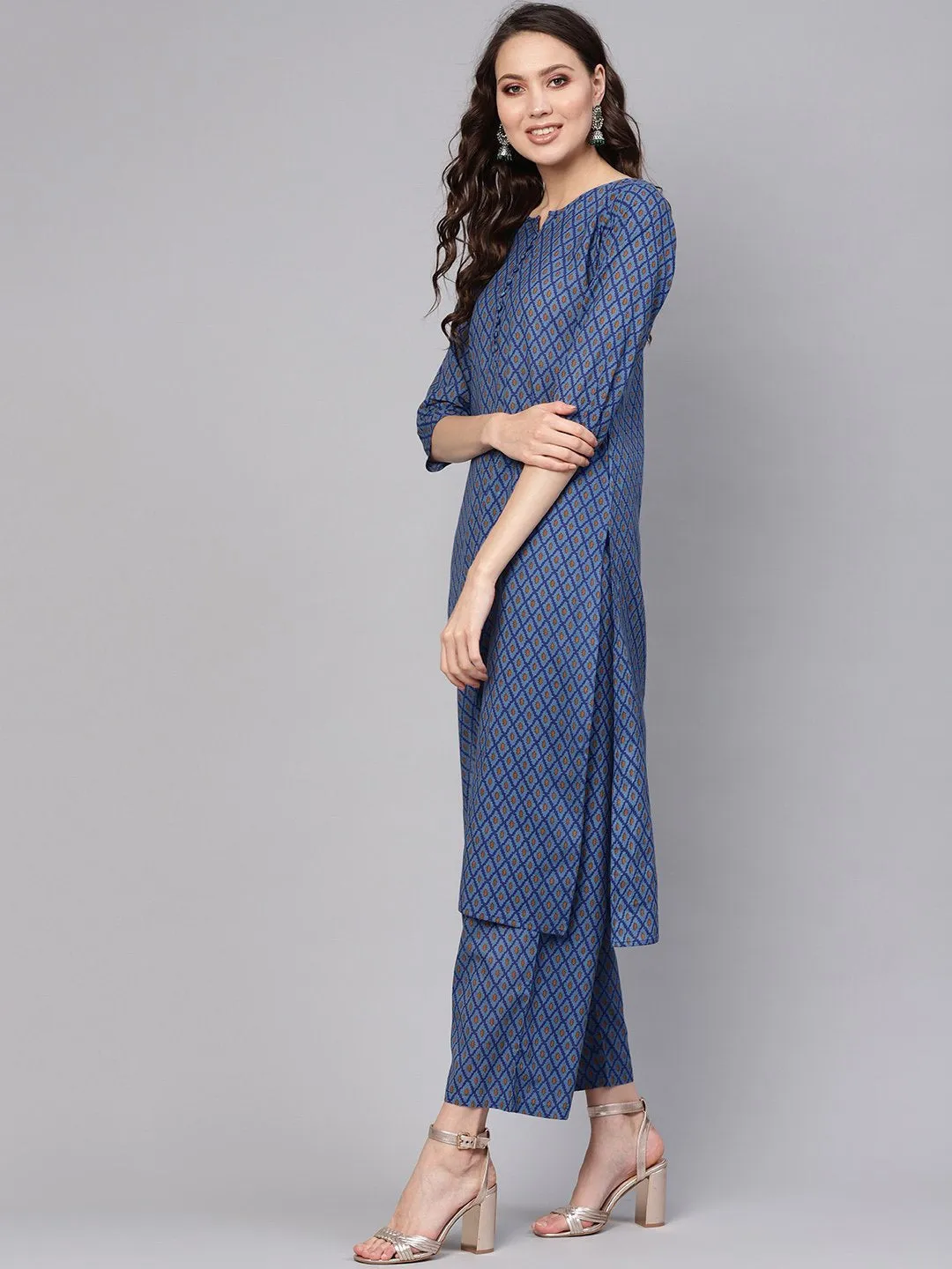 Women Blue & White Printed Kurta With Trousers & Dupatta