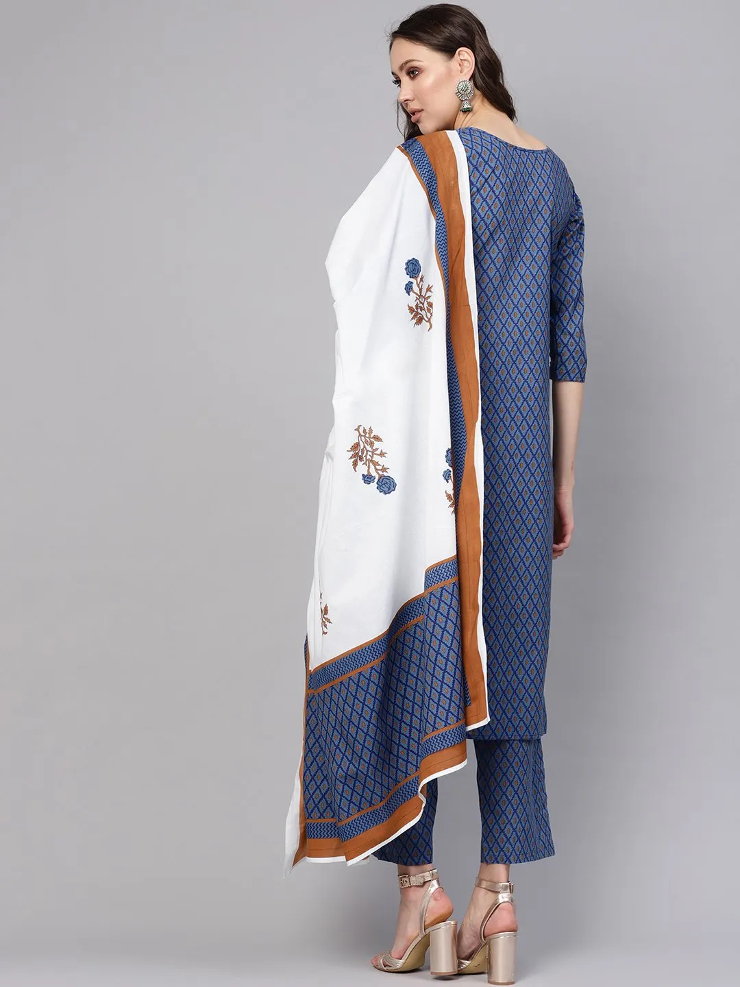 Women Blue & White Printed Kurta With Trousers & Dupatta