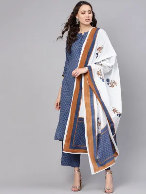 Women Blue & White Printed Kurta With Trousers & Dupatta