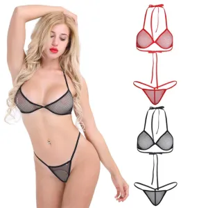Women's Sheer Halter Fishnet Bikini Set Swimwear Transparent Bra Top Micro Thongs